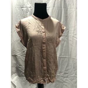 Elk The Label light pink soft, short sleeve button up jewel neck blouse size 4